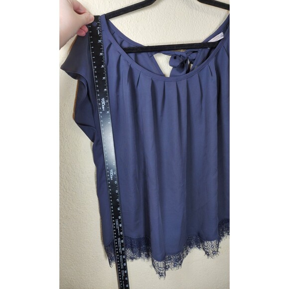 LC Lauren Conrad Top Medium Slate Blue Pleated Chiffon Lace Hem Tie Back Blouse - Picture 5 of 9